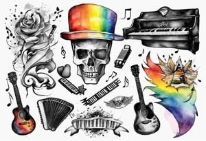 Music, guitar, harmonica, pick, dad, thunder, rainbow, tattoo idea