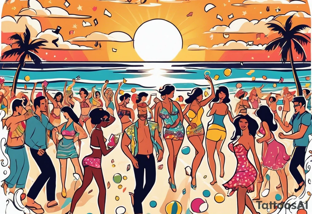 1960'S BEACH DANCE PARTY 
party, include confetti, music notes, 
, bikinis sunset in the center tattoo idea