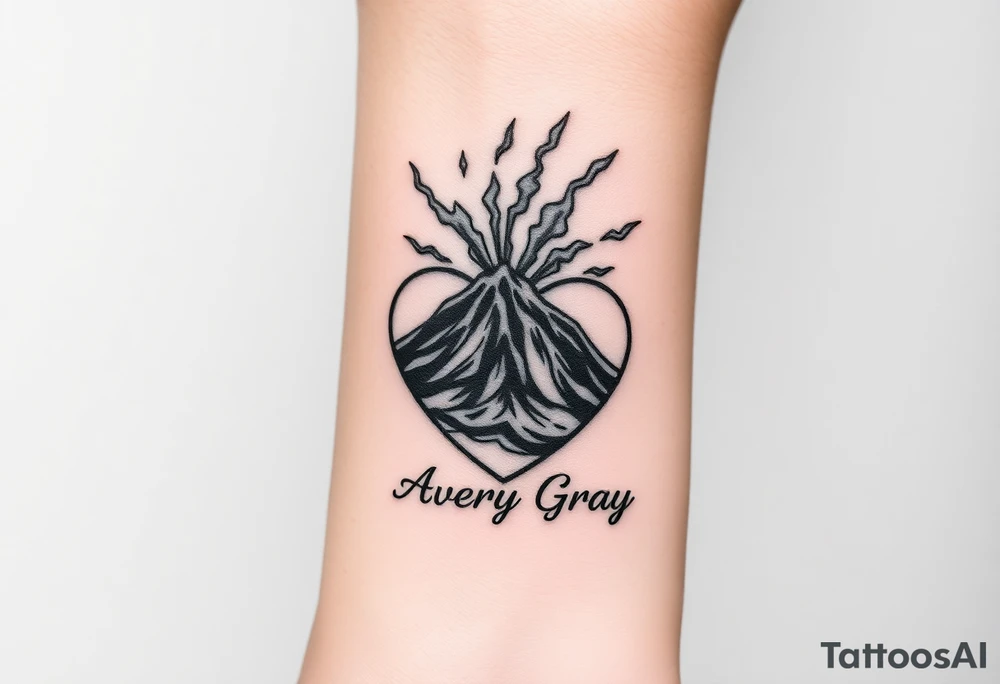 Female Geometric Volcano tattoo erupting in a heart with text Avery Gray on wrist tattoo idea