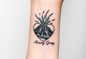 Female Geometric Volcano tattoo erupting in a heart with text Avery Gray on wrist tattoo idea