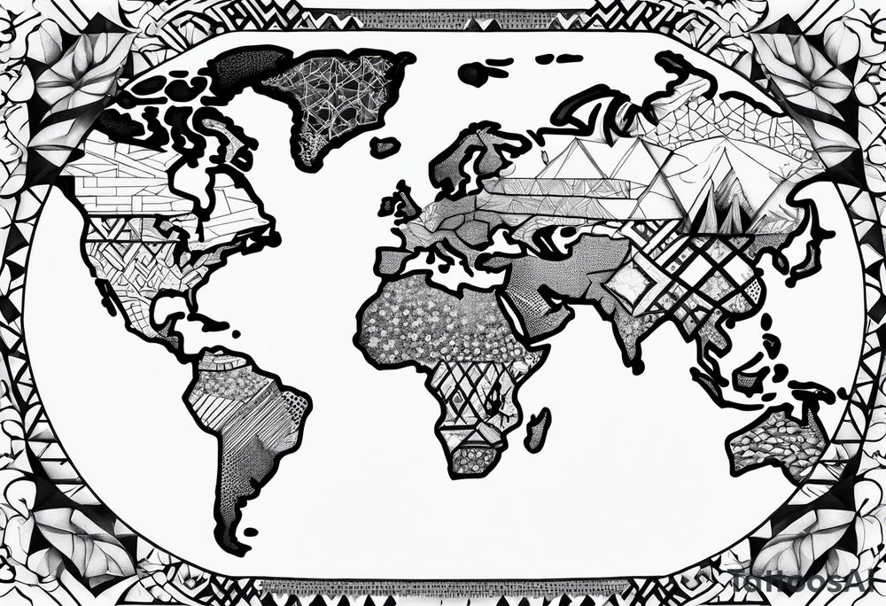 geometric world map tattoo with a cheetah pattern overlay tattoo idea