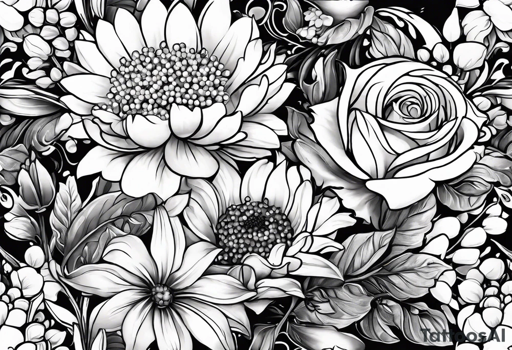 Asters, roses, lily of the valley, and chrysanthemums in a long line tattoo idea