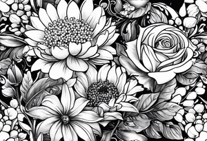 Asters, roses, lily of the valley, and chrysanthemums in a long line tattoo idea