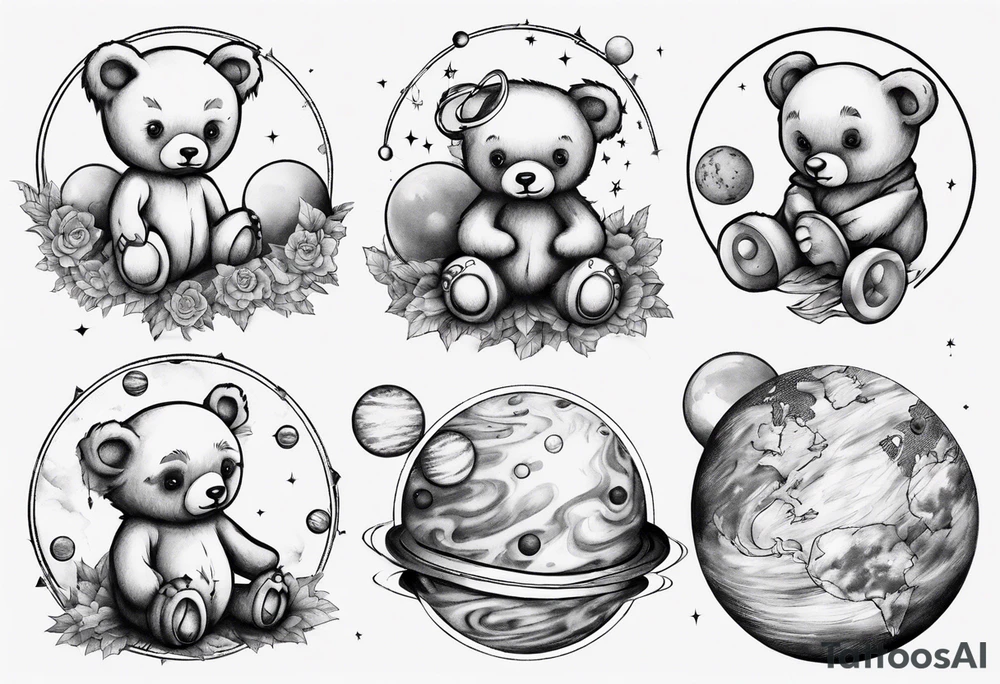 Teddy bear planets tattoo idea