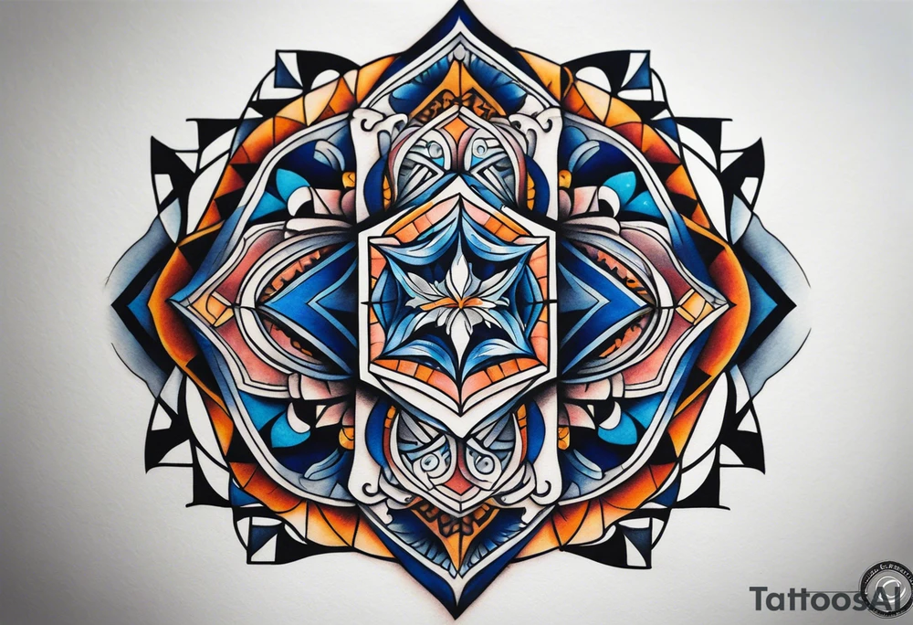 semi Detailed neo traditional knee tattoo flat on paper. The tattoo features geometric patterns and bold lines, creating a visually striking design with slight tints of deep fall colors. The background 
outside the tattoo features deep blues washes and water swirls tattoo idea
