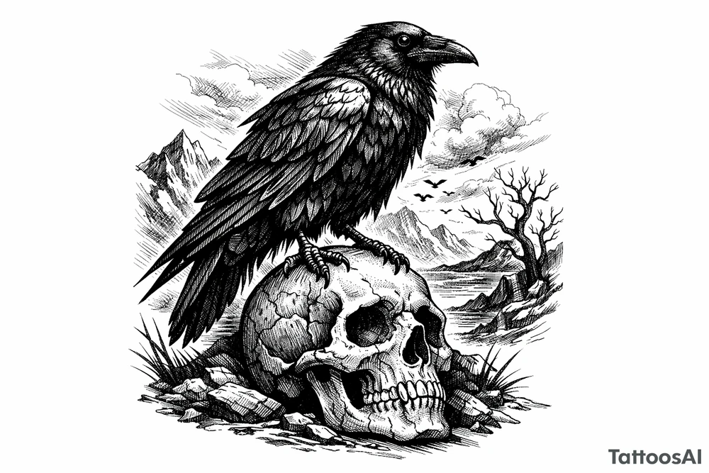 a raven standing on a skull, landscape. tattoo idea