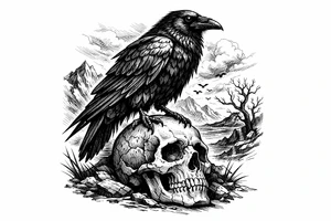 a raven standing on a skull, landscape. tattoo idea