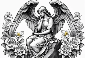 Simple Angel statue stood on a rock with daffodils and roses wrapped around its legs tattoo idea