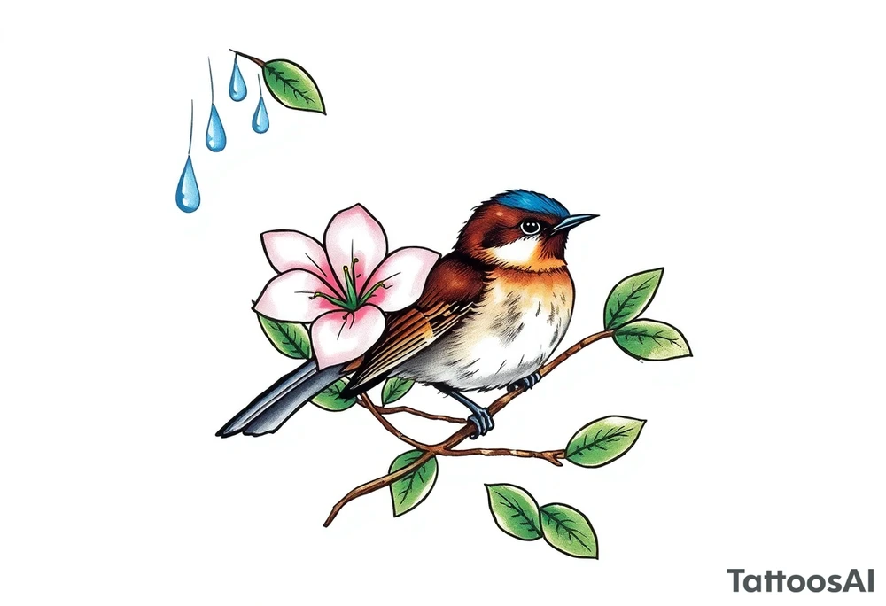 green forest background
blue rain drops
pink camelia flower
blue brown wren bird tattoo idea