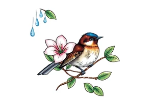 green forest background
blue rain drops
pink camelia flower
blue brown wren bird tattoo idea