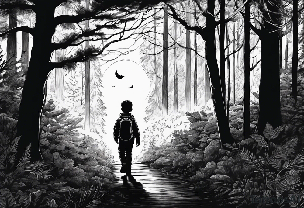 A silhouette of a kid walking through a dark, expansive forest with a lantern tattoo idea