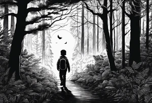 A silhouette of a kid walking through a dark, expansive forest with a lantern tattoo idea