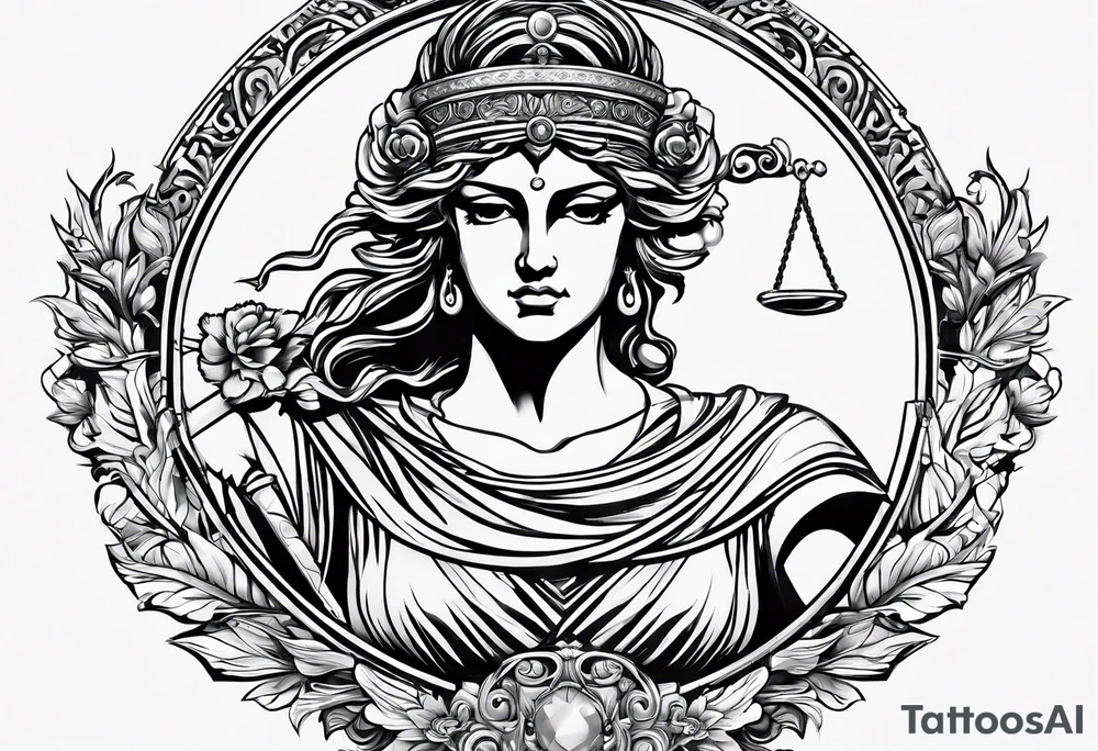 "I would like to depict Themis (Greek Goddess of Justice) cutting her own eyes with her sword." tattoo idea