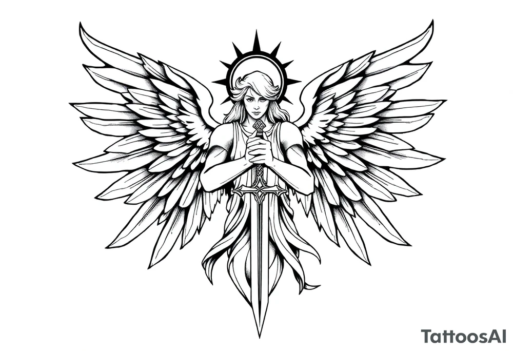 Majestic and powerful archangel wearing a halo, having six wings, weilding a sword tattoo idea