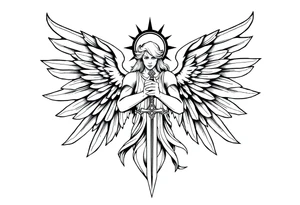 Majestic and powerful archangel wearing a halo, having six wings, weilding a sword tattoo idea