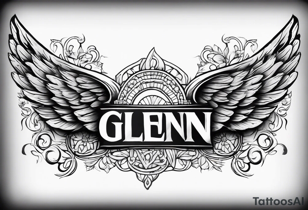 The word Glenn on a banner with angel Wings tattoo idea