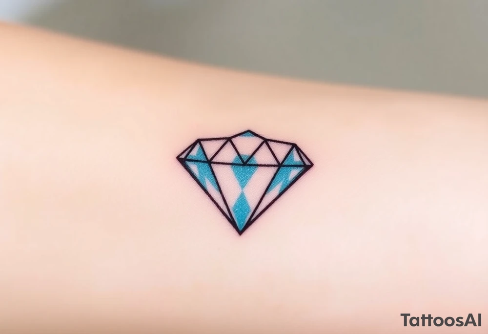 A small, geometric diamond outline with thin black lines, filled with soft gradients of light blue and pale pink, giving the illusion of sparkle and depth. The design is crisp and clean, symbolizing timeless elegance and strength. The colors should be subtle, with the diamond glowing softly in a minimalist style. tattoo idea