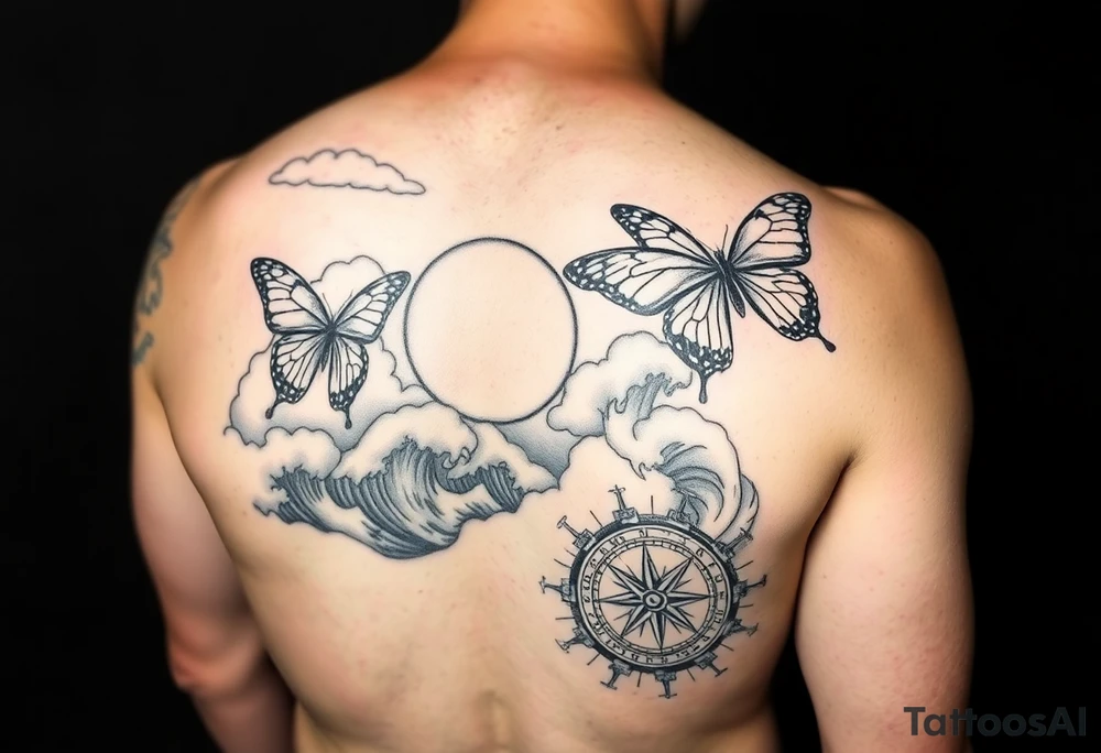 butterflies and the sun shining through clouds, with waves crashing in the background with a compass on top
half sleeve tattoo idea