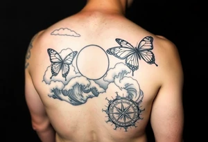 butterflies and the sun shining through clouds, with waves crashing in the background with a compass on top
half sleeve tattoo idea