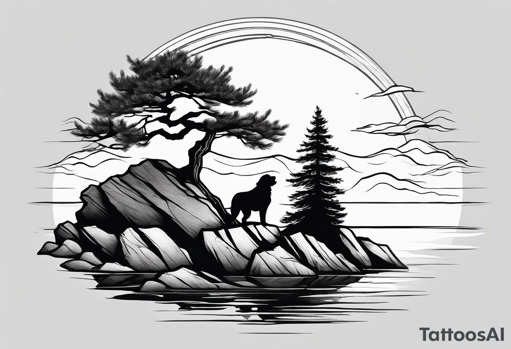 Sleeve tattoo windswept pine tree before lake with low rock face on another side of lake. Mastiff silhouette in foreground. tattoo idea