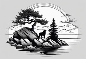 Sleeve tattoo windswept pine tree before lake with low rock face on another side of lake. Mastiff silhouette in foreground. tattoo idea