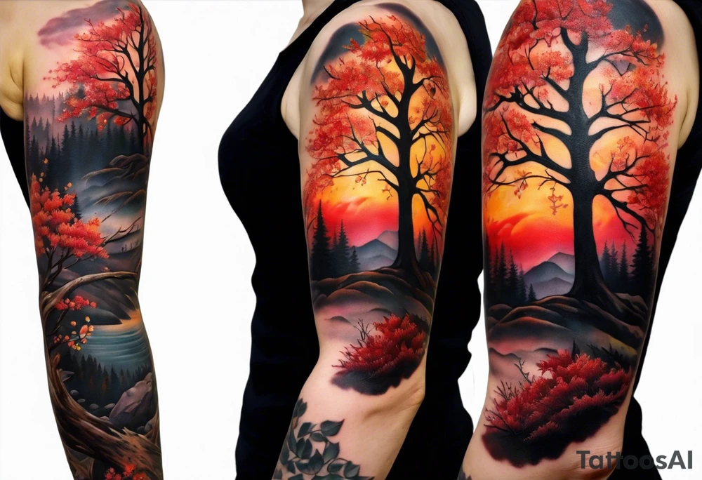 Arm tattoo. Long tattoo. Full sleeve. Shoulder. A single large maple tree with red autumn leaves that branches upwards from wrist to shoulder. White-throated dipper bird on the trees branches. Calluna flowers at the base of the trees stem. Tree stem has dark colors. Red/yellow sunset behind the trees stem. Leaves falling. tattoo idea