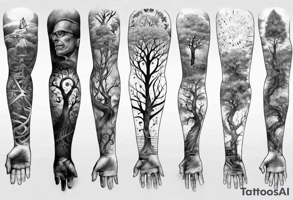 full arm sleeve tattoo... DNA, science, guitar, piano, music. tree of life, focus, masculine tattoo idea