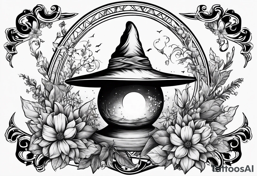 Witch hat balanced on top of a crystal ball sitting on wildflowers tattoo idea