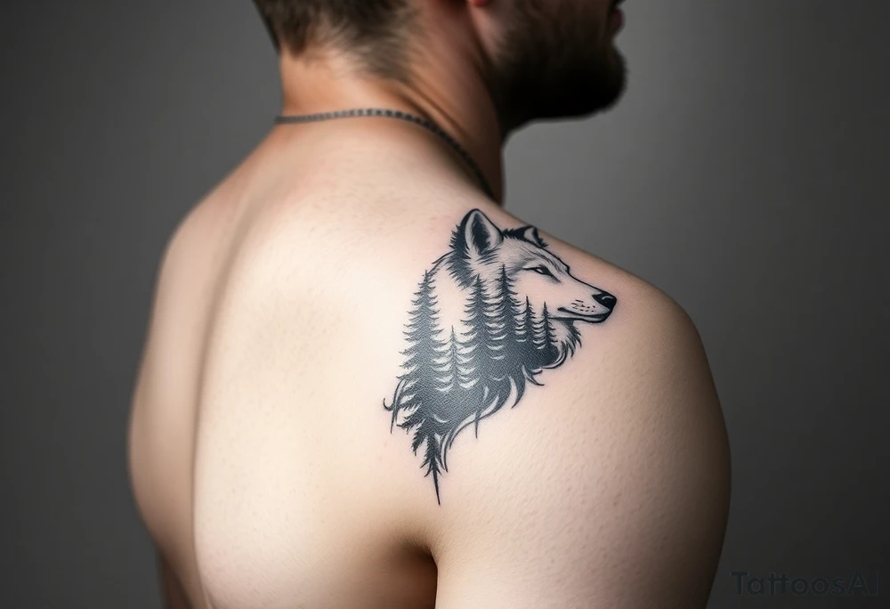 create a side arm powerful majestic tattoo having wolf and pin trees tattoo idea