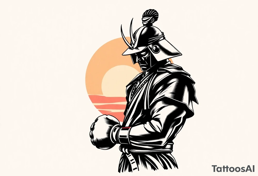 noble samurai warrior silhouette at sunset with boxing gloves tattoo idea