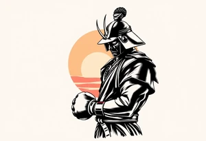noble samurai warrior silhouette at sunset with boxing gloves tattoo idea