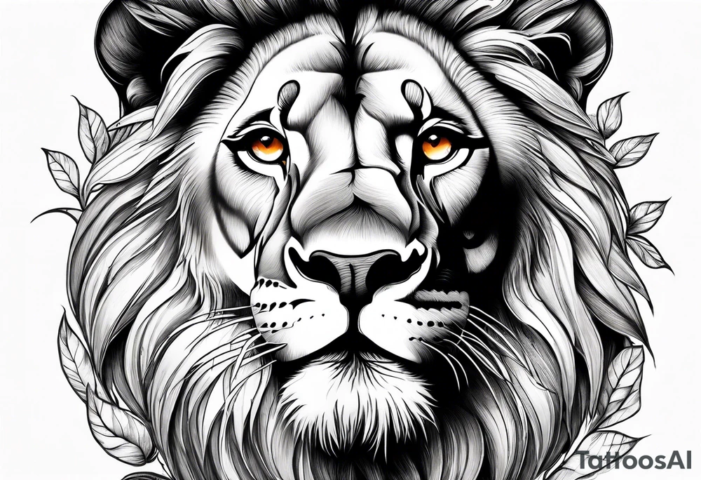 Blue eyed Lion shoulder tattoo with orange tree of life. Then a stream going to a waterfall at the bottom tattoo idea