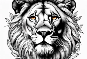 Blue eyed Lion shoulder tattoo with orange tree of life. Then a stream going to a waterfall at the bottom tattoo idea