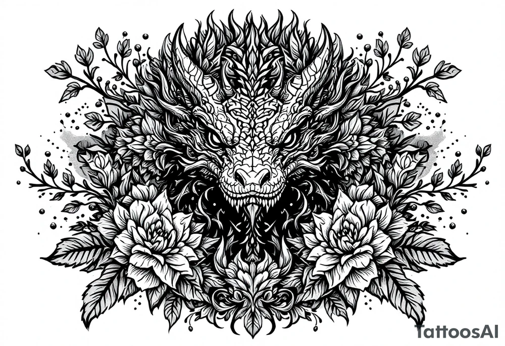 powerful majestic reptile, surrounded by floral ornaments tattoo idea