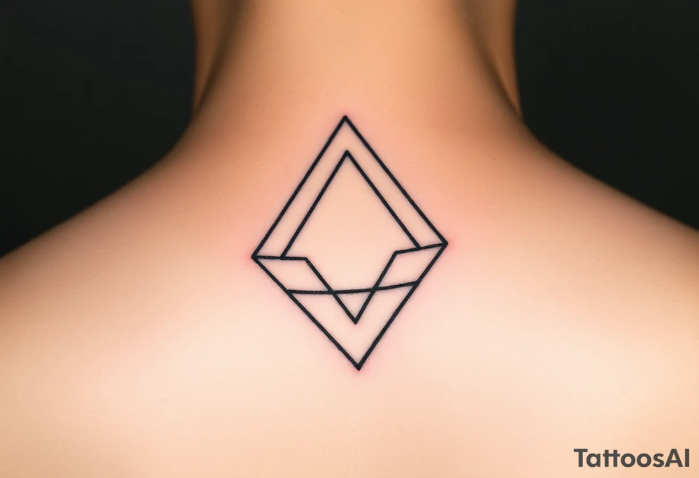 A fine line tattoo design on skin. An impossible Penrose triangle constructed from a faceted diamond cut structure. The facets of the diamond structure contain holographic, iridescent psychedelic gradients of purple, turquoise, and neon pink colors. Minimalist style, precise geometric lines, sacred geometry vibes, micro realism tattoo.
It should be gentle and small on the hand tattoo idea