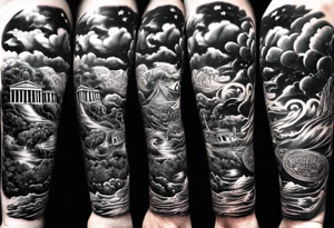 realistic forearm sleeve of money,kids, clouds journey, bible verses tattoo idea