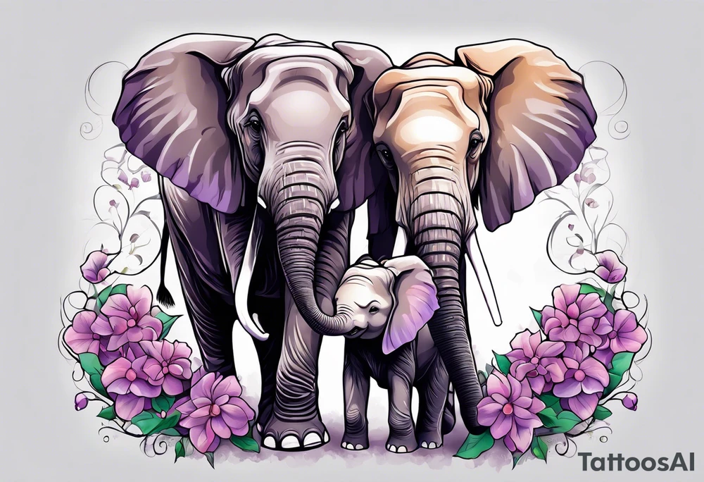 Elephant with baby Elephant holding lilacs tattoo idea