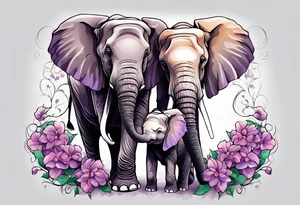 Elephant with baby Elephant holding lilacs tattoo idea