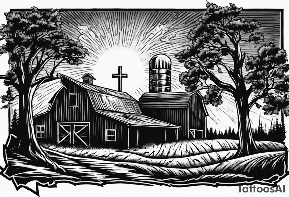 barn with a tree in front and woods behind with a sun being down showing a cross tattoo idea
