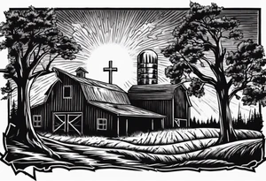 barn with a tree in front and woods behind with a sun being down showing a cross tattoo idea