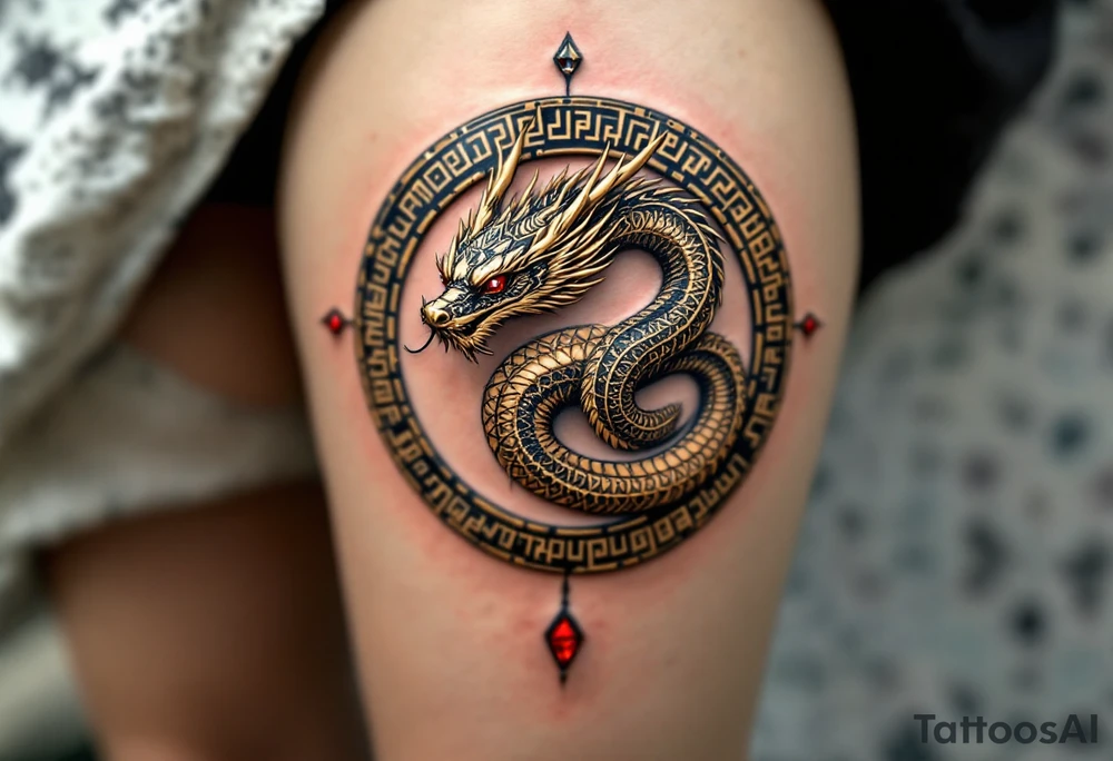 A golden dragon Ouroboros snake forming cyrcle with ruby eyes, its body covered in ancient markings, resembling a divine entity. tattoo idea