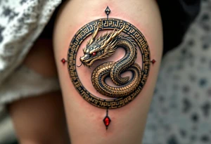 A golden dragon Ouroboros snake forming cyrcle with ruby eyes, its body covered in ancient markings, resembling a divine entity. tattoo idea