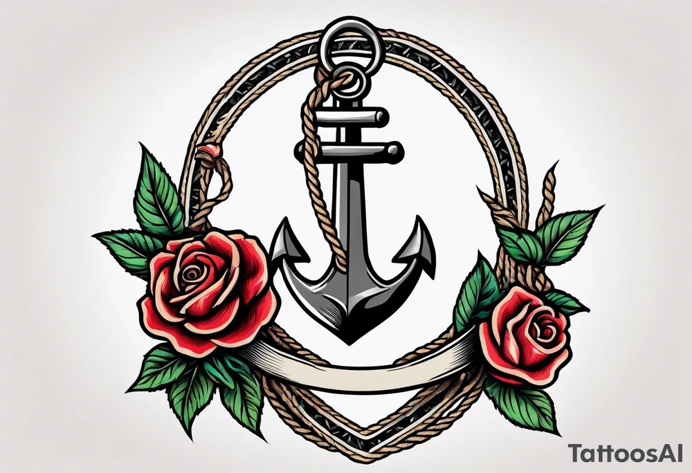 old school anchor sitting at an angle 
with rope 
and banner across anchor and old school roses tattoo idea
