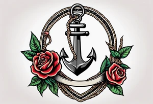 old school anchor sitting at an angle 
with rope 
and banner across anchor and old school roses tattoo idea