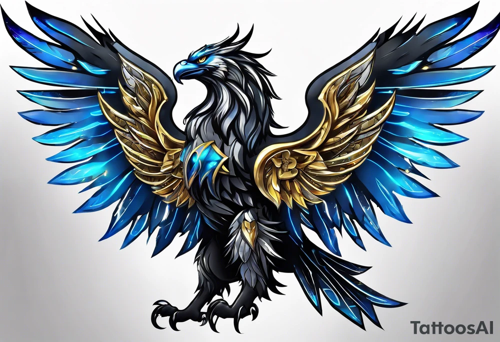 black cyber matallic griffin with golden and silver accents and blue neon tattoo idea