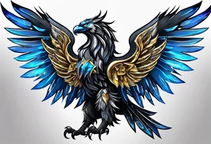 black cyber matallic griffin with golden and silver accents and blue neon tattoo idea