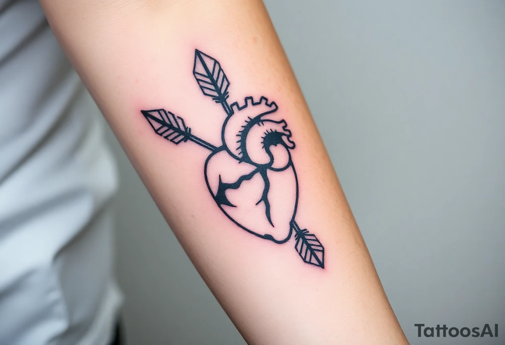 anatomical heart pierced by ornate arrow with flowing ribbons tattoo idea