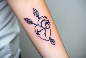 anatomical heart pierced by ornate arrow with flowing ribbons tattoo idea