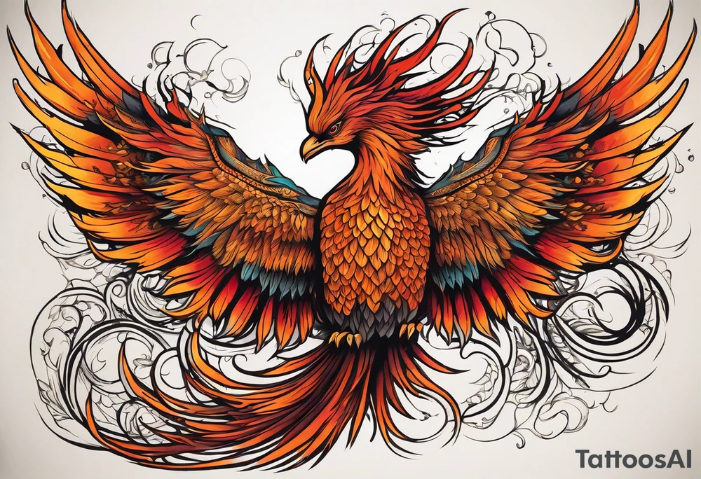 Tattoo: A powerful, majestic phoenix, depicted mid-flight or rising, with wings extended and feathers flowing. Deep shading and intricate details to bring out the texture and motion of the feathers. tattoo idea