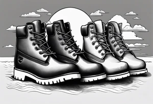 Two flip flops next to a pair of timberland boots on the Beach. tattoo idea